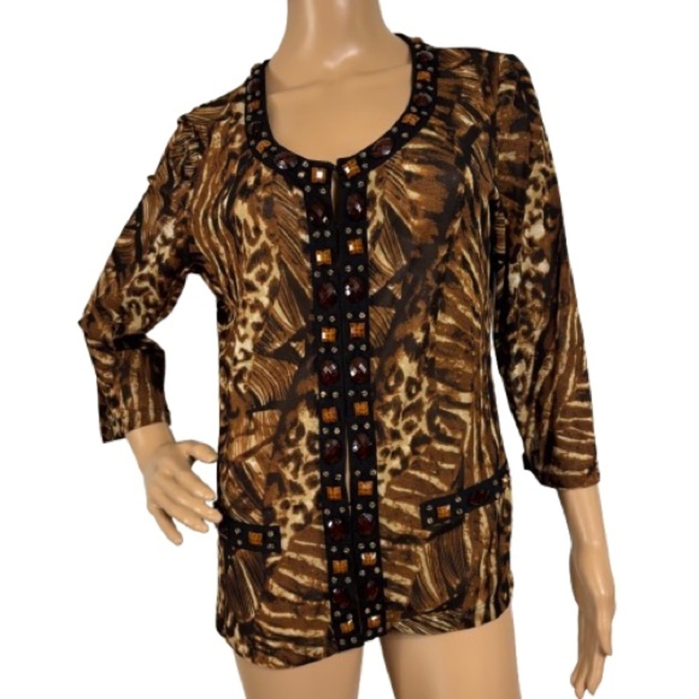 BEAER Black/Brown Animal Print Bohemian Sheer Beaded Jeweled Cardigan Size M
